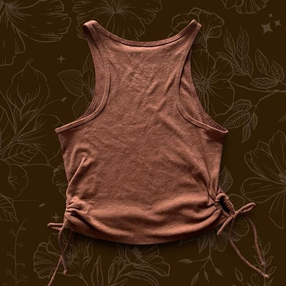 Hand-Printed Handmade Upcycled Chocolate Brown Graphic Fig Halter Tank Top - Picture 4 of 7